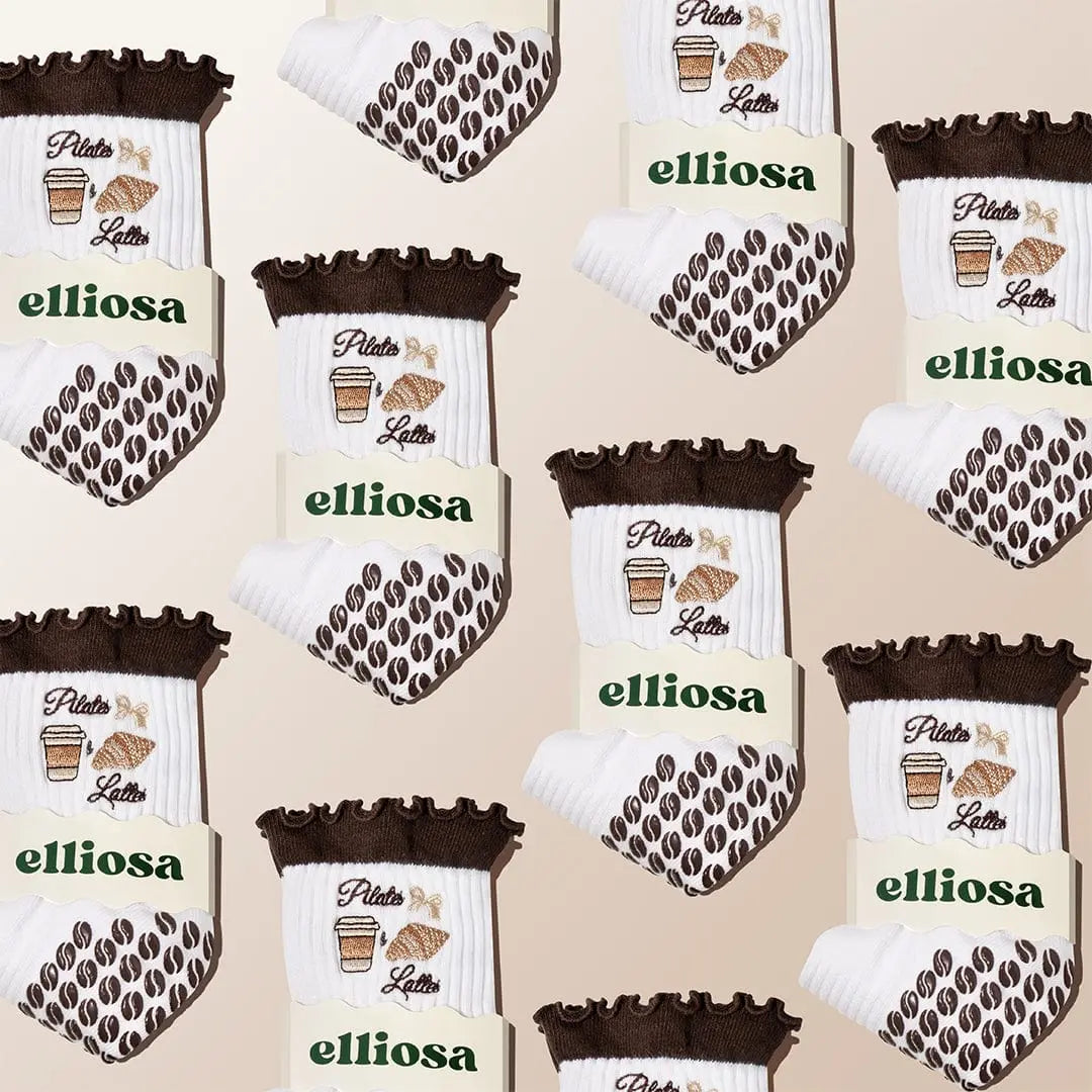 Pattern of 'elliosa' branded socks with coffee-themed designs on a beige background