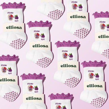 Pattern of white socks with purple accents and 'elliosa' branding on a pink background.