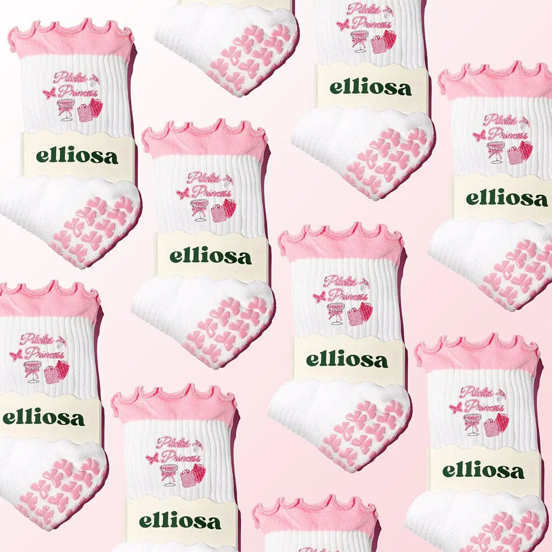 Collage of white socks with pink bow shaped grips on the soles, with the words "pilates princess" embroidered around images of a butterfly, a drink and shopping bags, with 'elliosa' branding on the packaging.