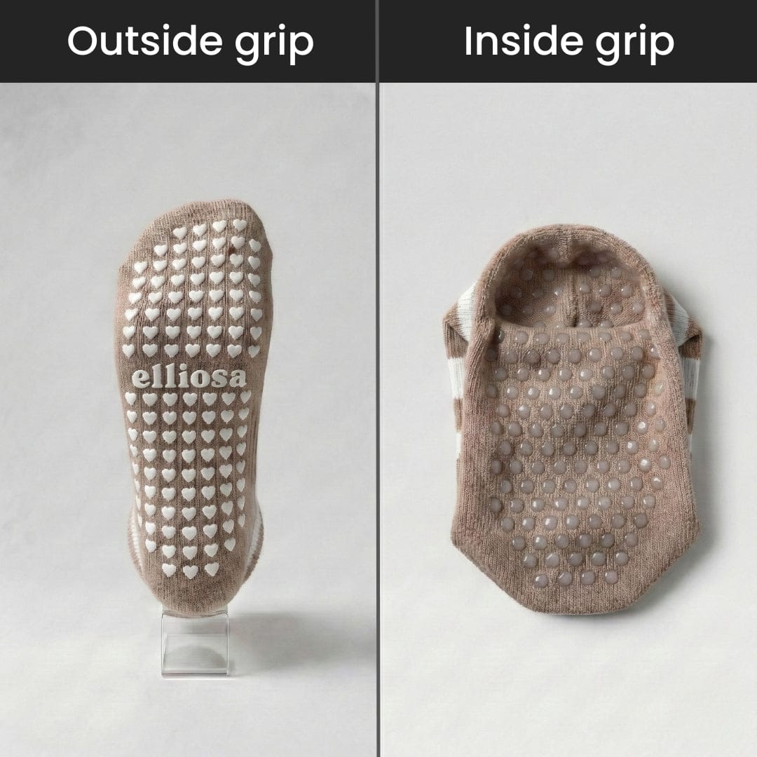 Two views of a brown slipper with textured sole on a gray background, labeled 'Outside grip' and 'Inside grip'.