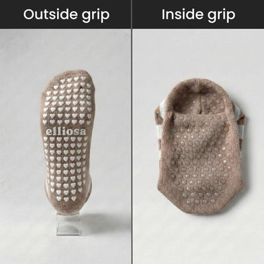 Two views of a brown slipper with textured sole on a gray background, labeled 'Outside grip' and 'Inside grip'.
