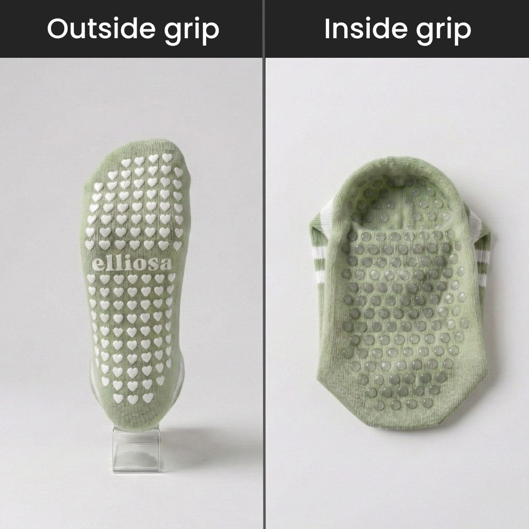 Green grip sock with 'elliosa' branding showing outside and inside grips on a white background.