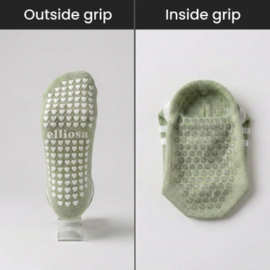 Green grip sock with 'elliosa' branding showing outside and inside grips on a white background.