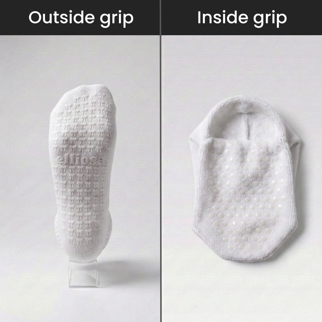 White socks showing 'ellipso' branding on a gray background, divided into 'Outside grip' and 'Inside grip' sections.