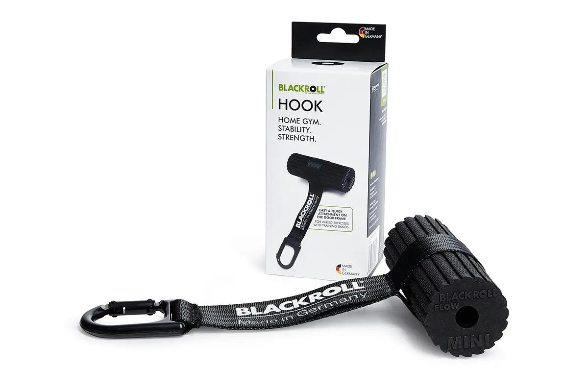 Blackroll hook side view shoing the anchor and the small foam roller with the box.