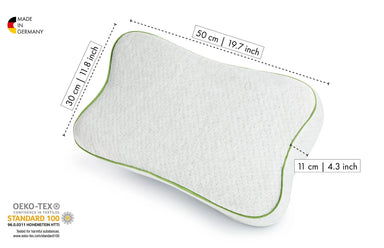 Blackroll Recovery Pillow white with green border showing dimensions 30cm wide x 11cm deep x 50cm long.