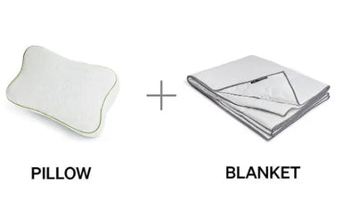 White with green border Blackroll recovery pillow and grey blanket shown side by side.