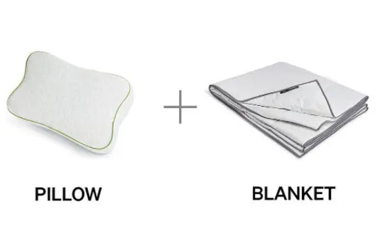 White with green border Blackroll recovery pillow and grey blanket shown side by side.