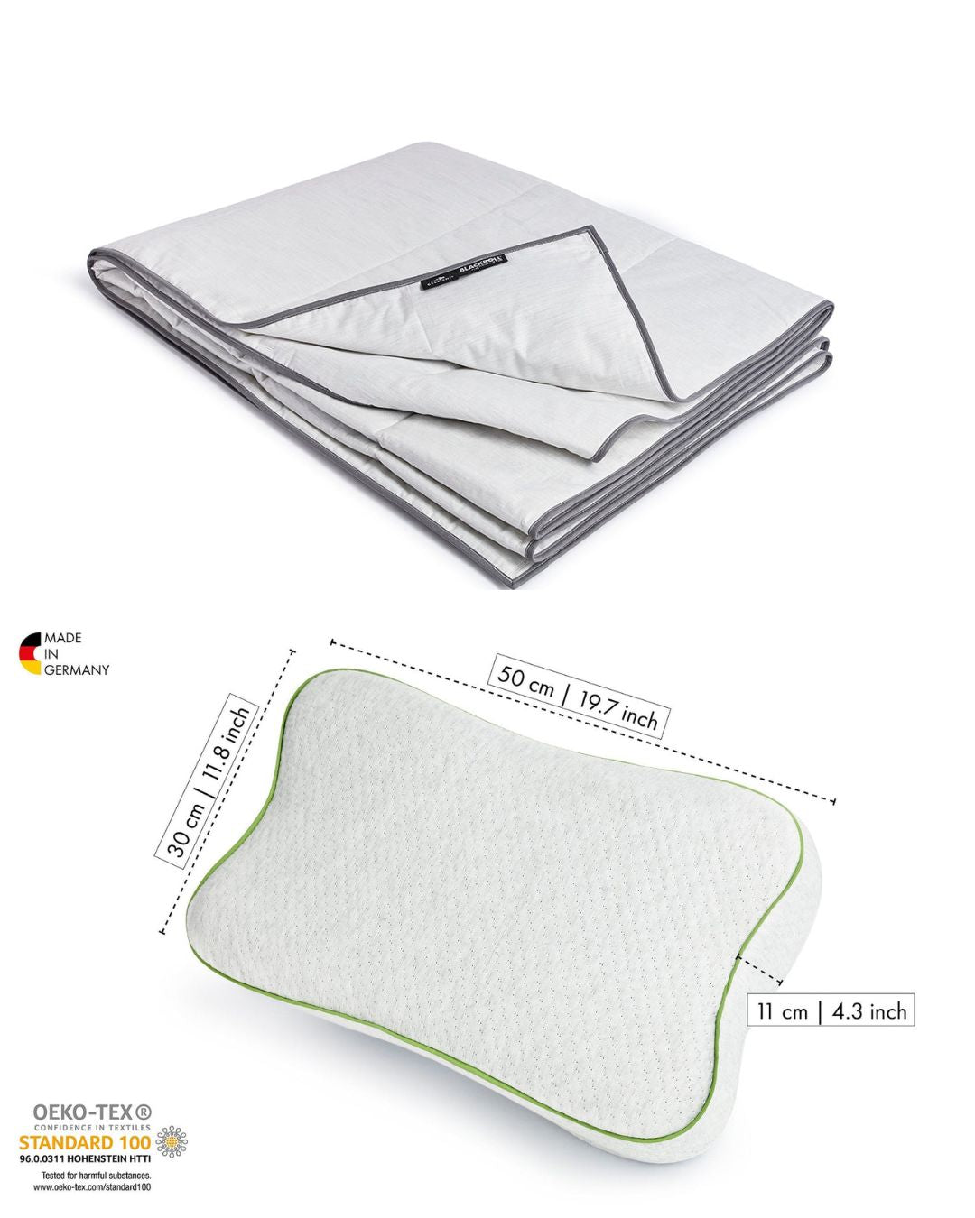 Contents of Blackroll infrared sleep set including Blackroll recovery pillow in white with green border and infrared blanket.