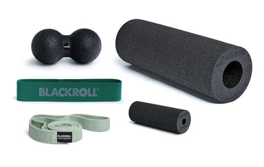 Blackroll Surf Travel set inclusions showing mini foam roller, slim foam roller, duo massage ball, loop resistance band and a slim resistance band.
