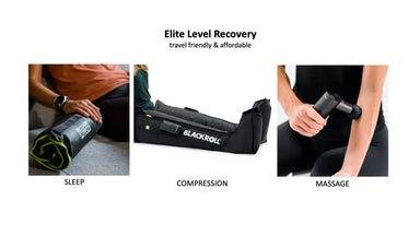 3 images depicting sleep, with the blackroll recovery pillow, compression, with the compression boots 2.0 and massage with the fascia gun.