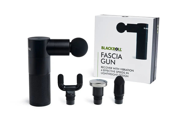 Blackroll fascia massage gun showing 4 attachments in front of a box that says "recover with vibration. 4 effective speeds in lightweight design."