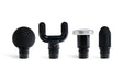 Set of four attachments for the blackroll fascia gun - one ball shaped, one U shaped, one metal flat topped and one pointy.