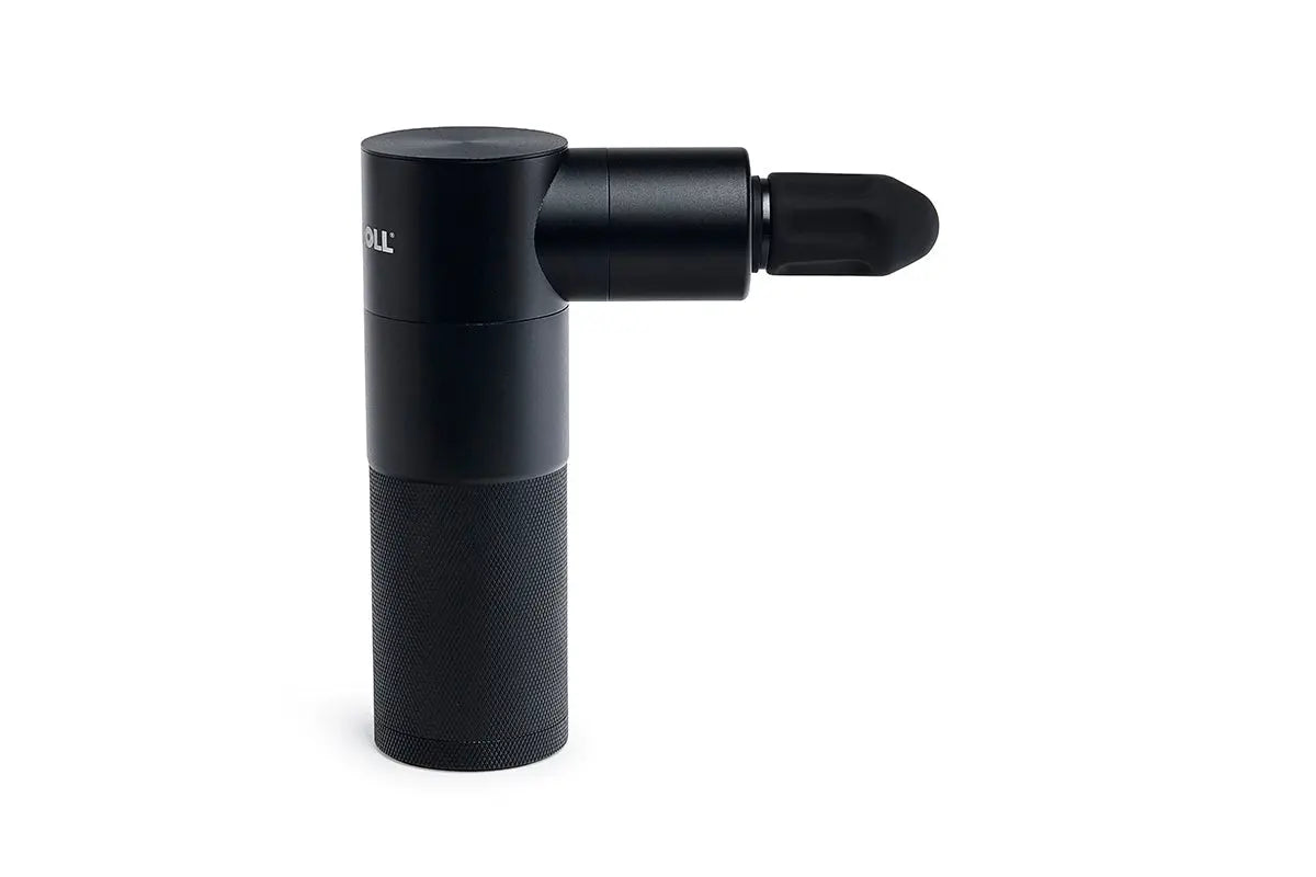 Side on view of the blackroll fascia gun, a black rounded massage gun.