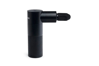 Side on view of the blackroll fascia gun, a black rounded massage gun.