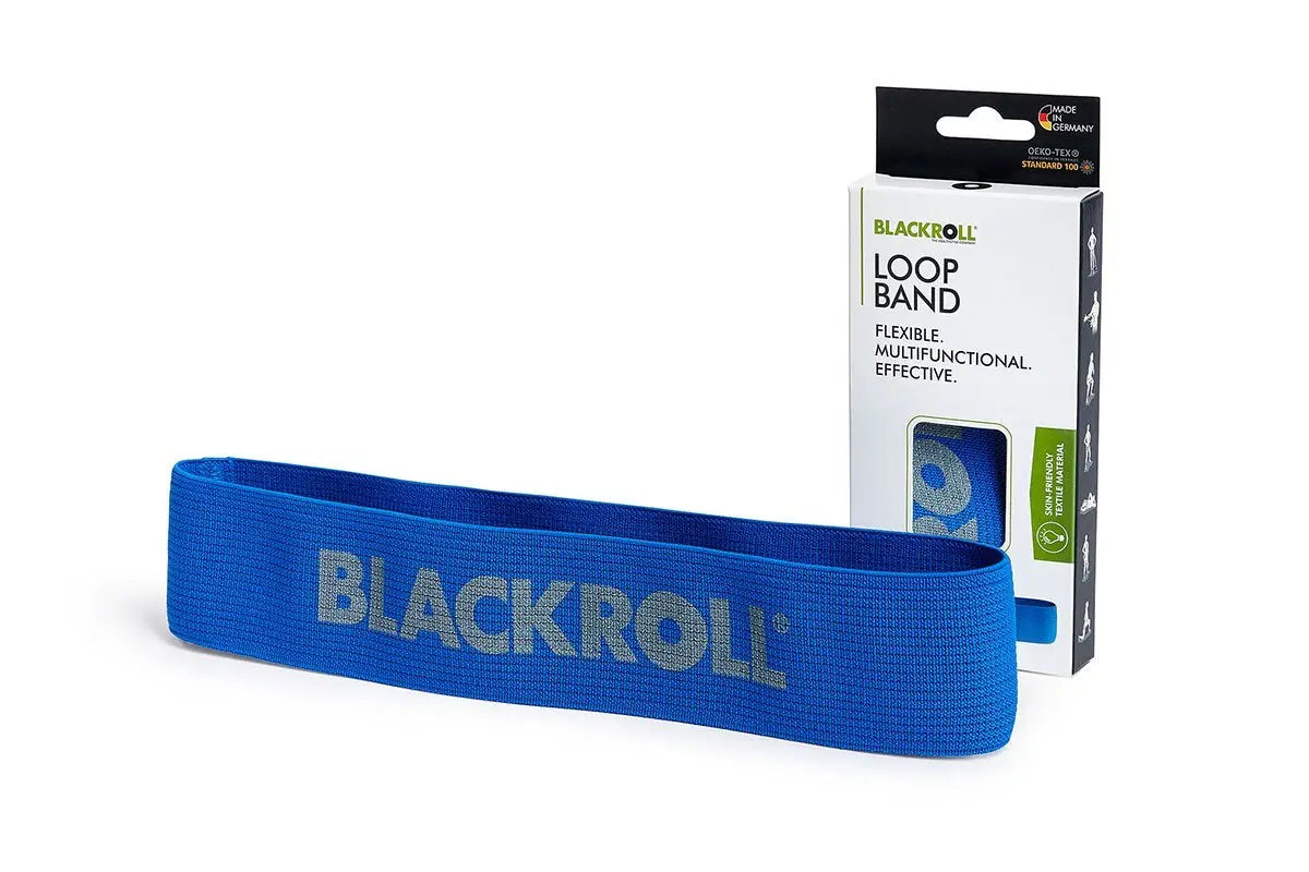 A blue blackroll loop resistance band and box.