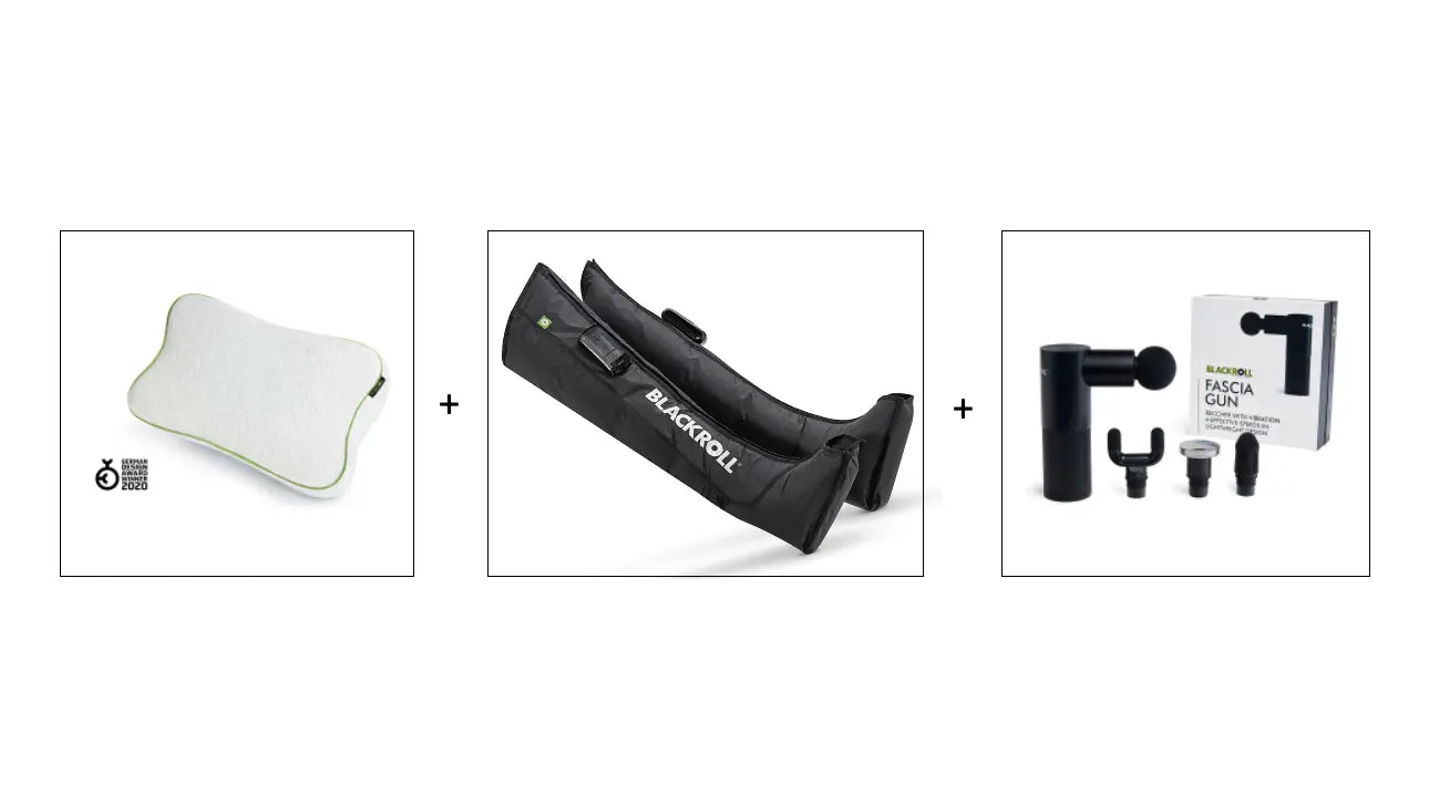 Set of recovery gear including Blackroll recovery pillow, recovery boots 2.0 and fascia massage gun.