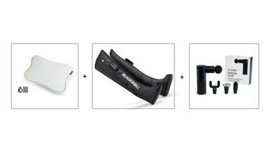 Set of recovery gear including Blackroll recovery pillow, recovery boots 2.0 and fascia massage gun.