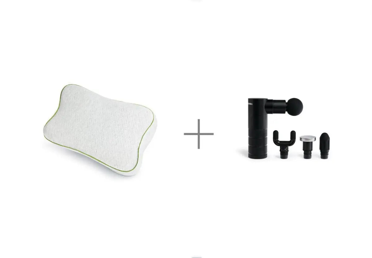 Blackroll recovery pillow and a fascia massage gun with 4 separate attachments for targeting different areas.