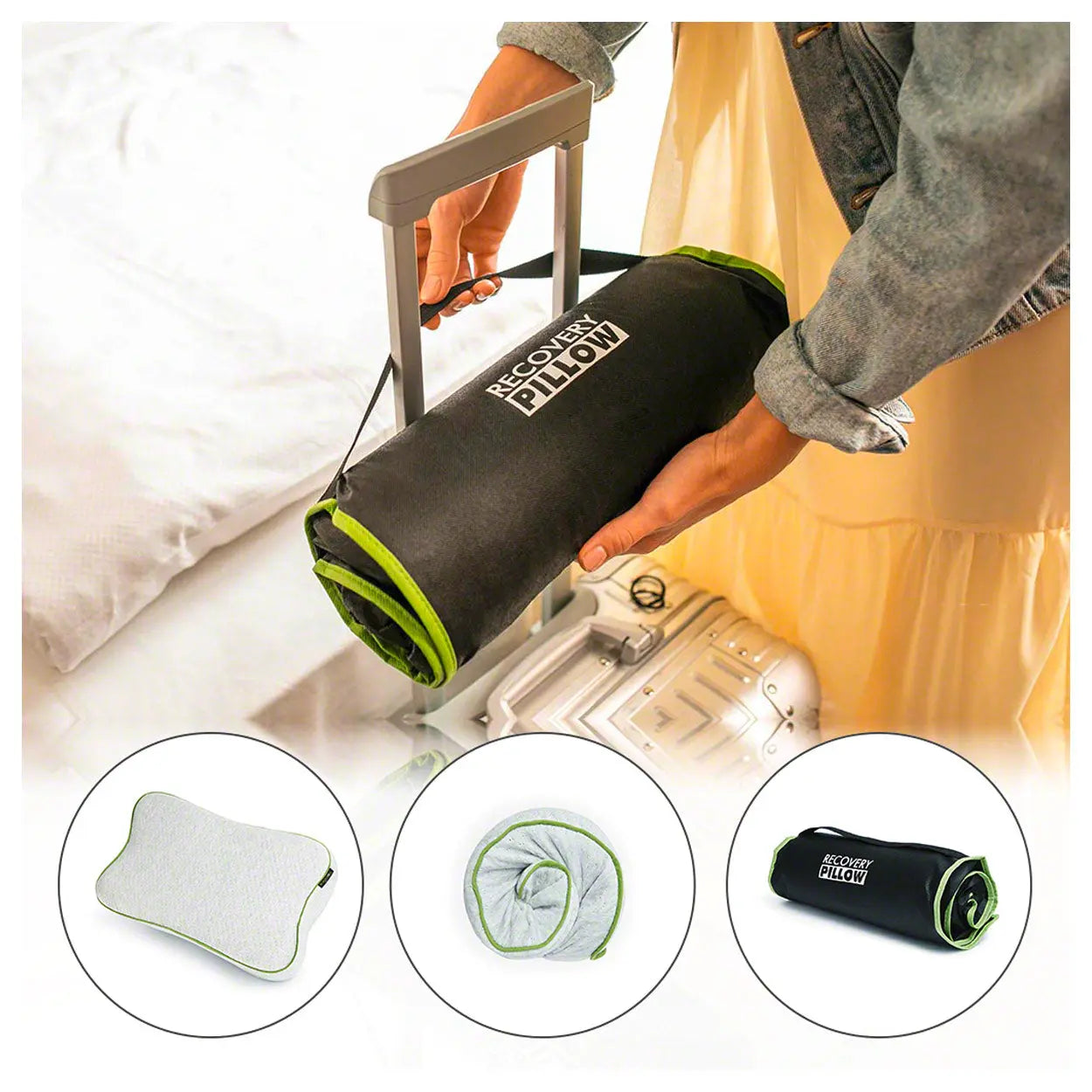 Person holding the Blackroll recovery pillow in it's bag, on top of a suitcase with close-up insets showing the pillow's design.