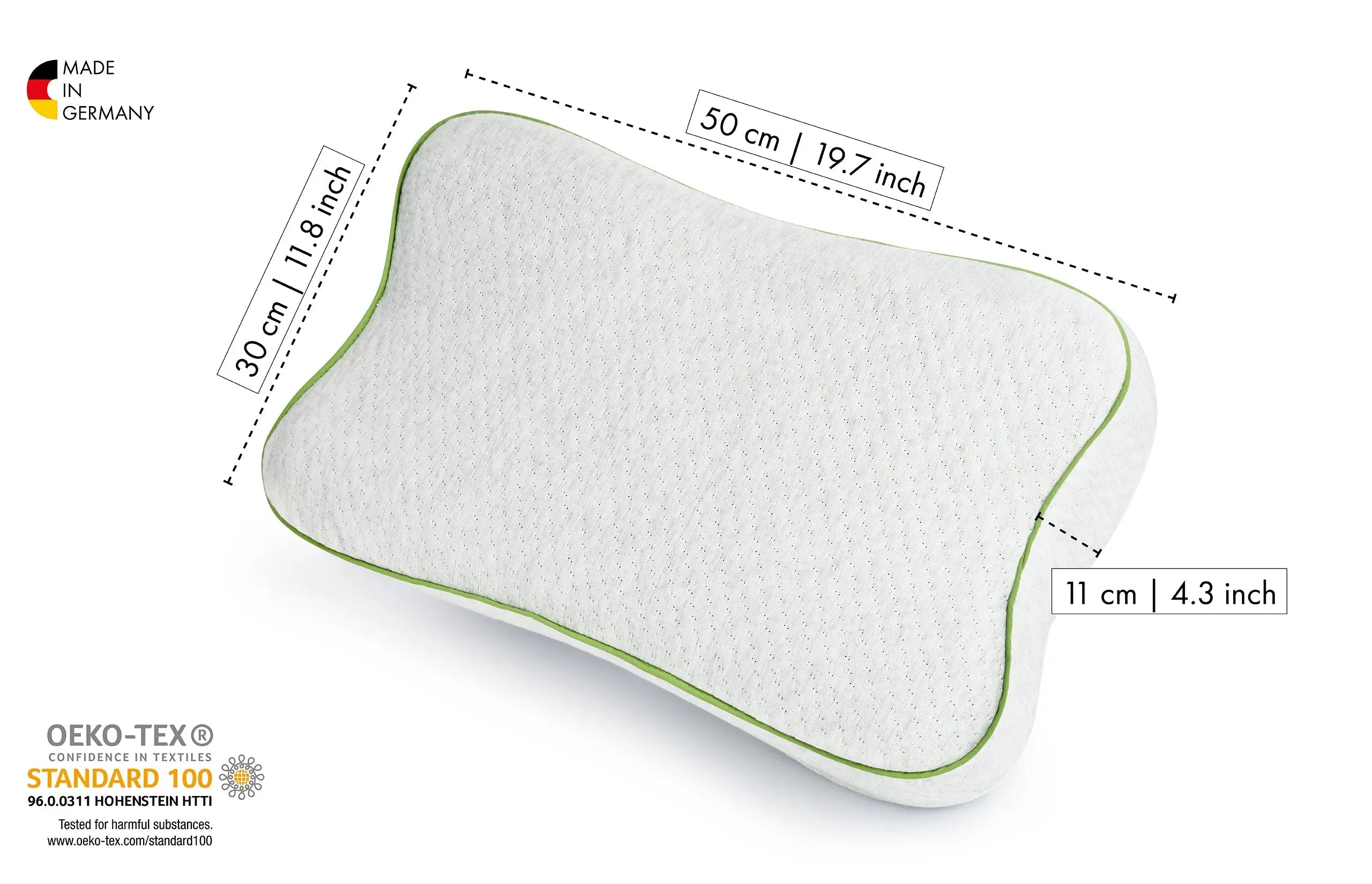White Blackroll recovery pillow with green border, showing dimensions 30cm wide x 11cm deep x 50cm long.