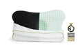 Blackroll recovery pillow partially unzipped, showing the inside view of foam and black cover, featuring the German Design award winner badge.