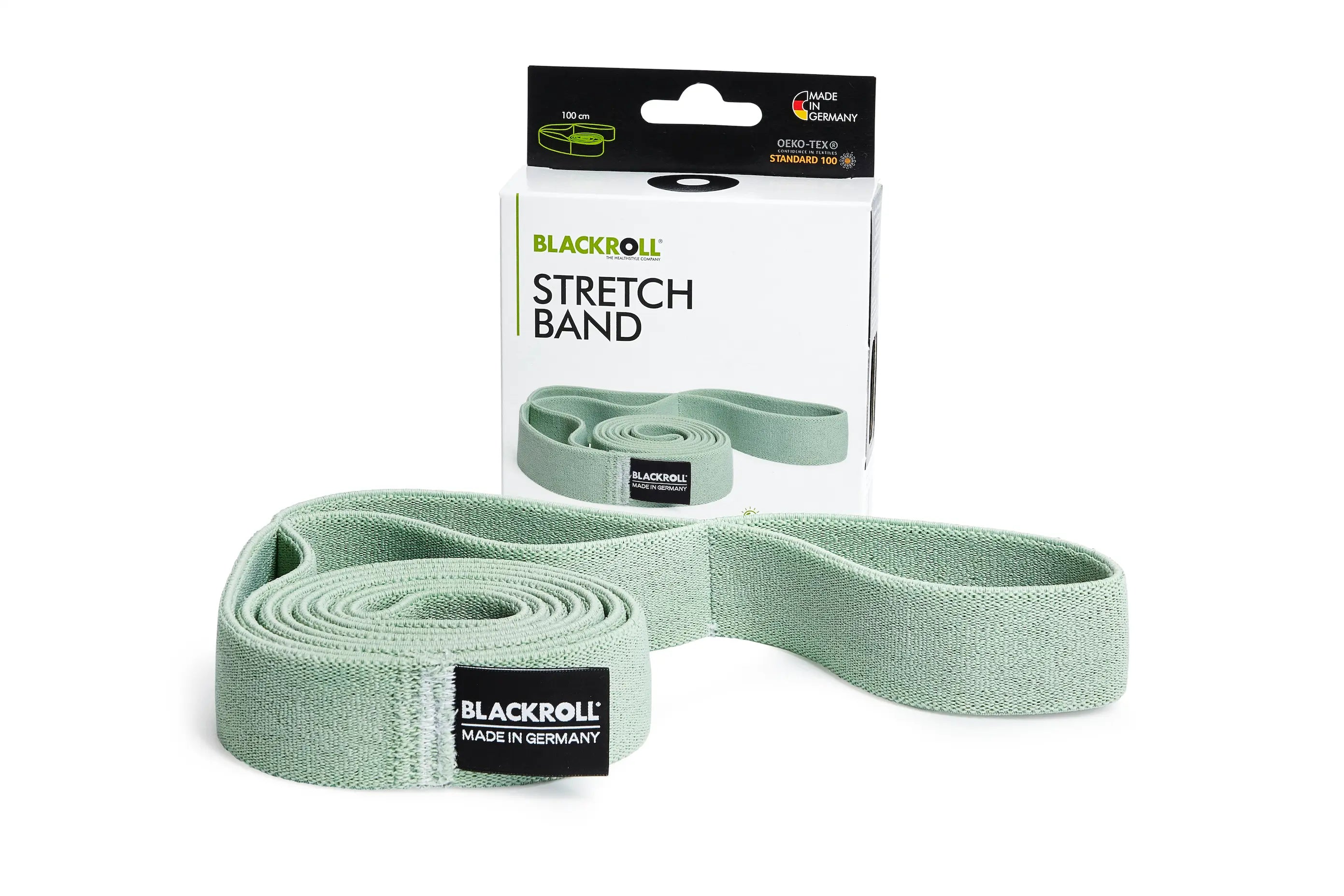 Close up view of the green Blackroll stretch resistance band and the box.