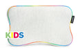 A front on view of the blackroll recovery pillow kids size, in white with a rainbow border.