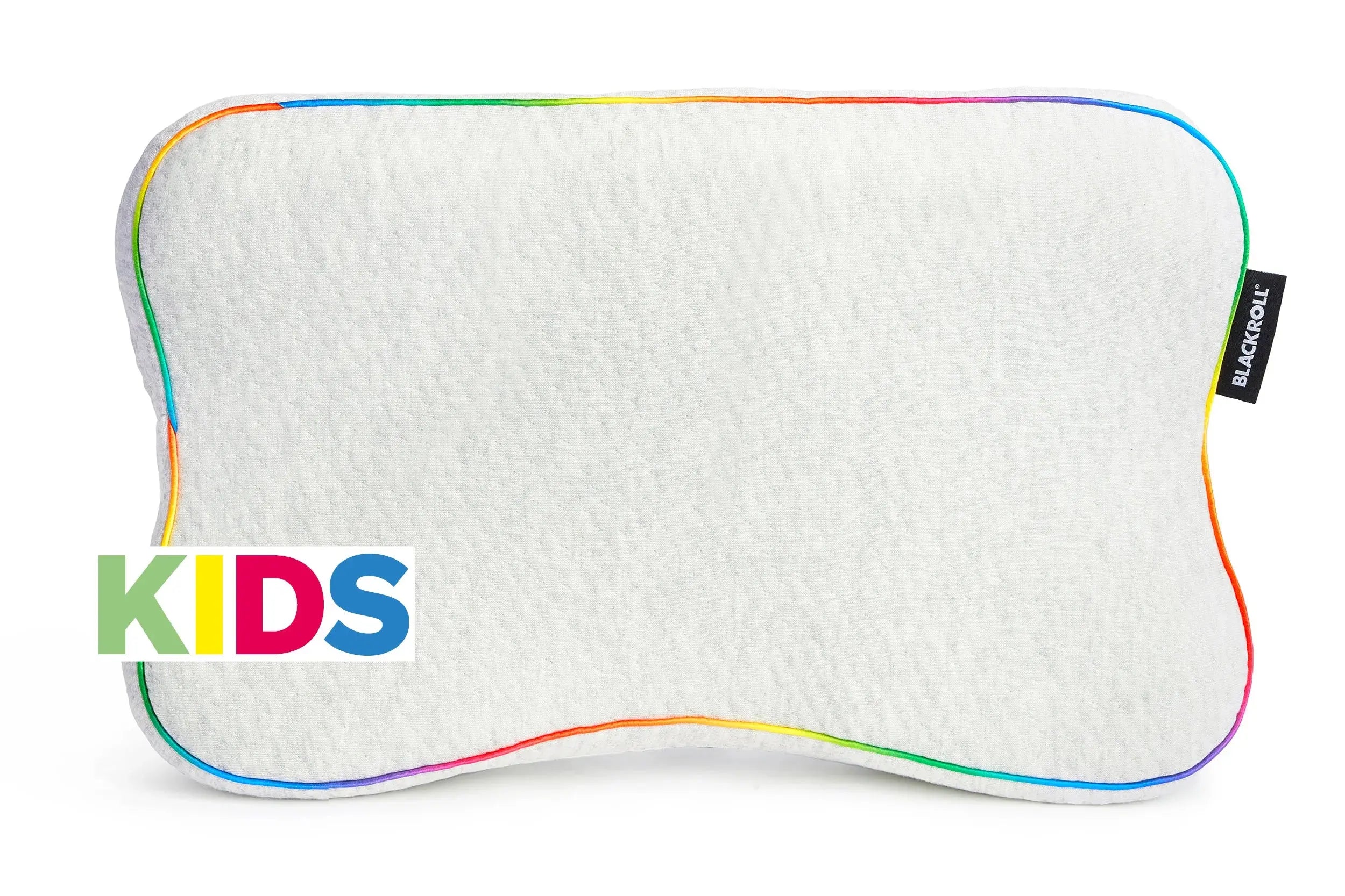 A front on view of the blackroll recovery pillow kids size, in white with a rainbow border.