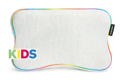 A front on view of the blackroll recovery pillow kids size, in white with a rainbow border.
