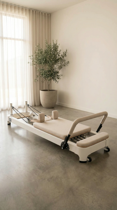 Core collab queen 2.0 reformer in white with beige upholstery in a home studio setting with concrete floor and a plant in the corner.