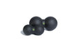 Two black peanut massage balls known as Blackroll Duo. One is small and one is large.
