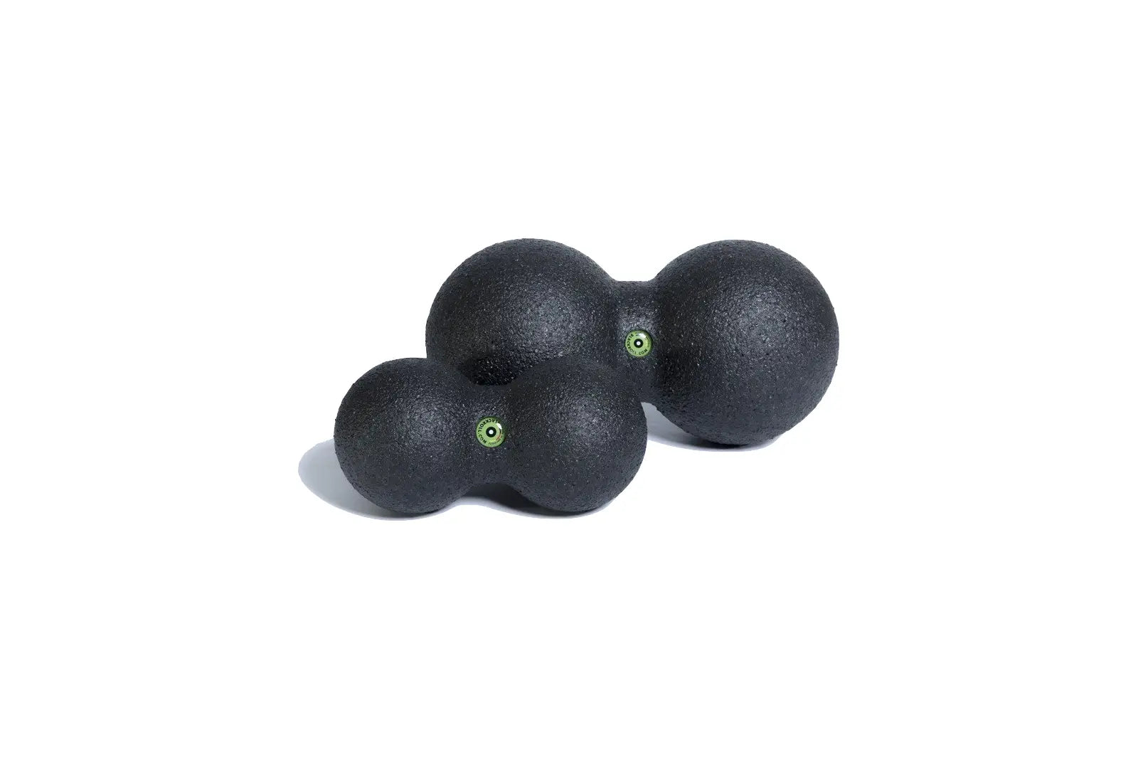 Two black peanut massage balls known as Blackroll Duo. One is small and one is large.