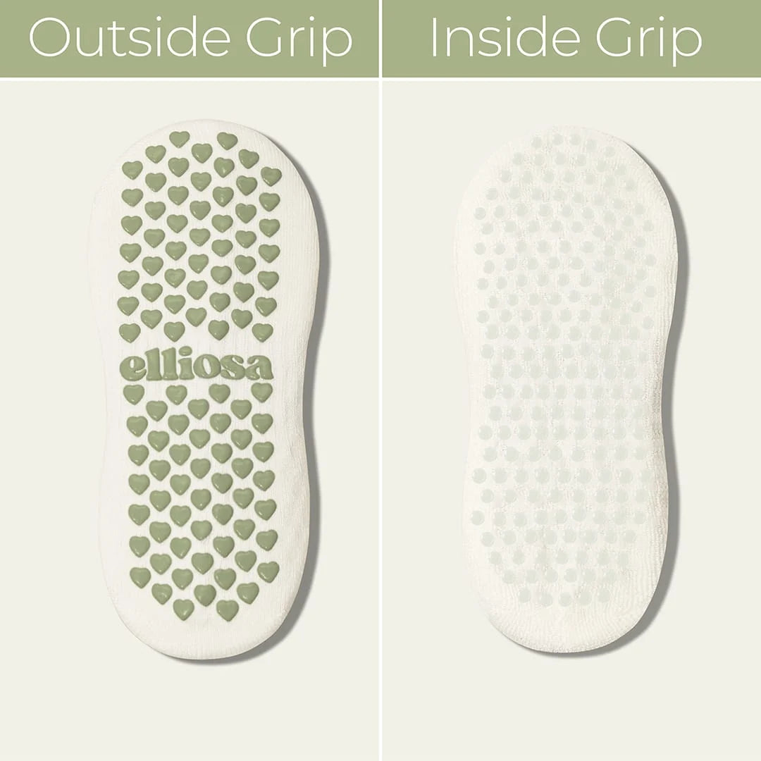 Elliosa dual direction grip socks in matcha cream showing the inside and outside view of the grips.