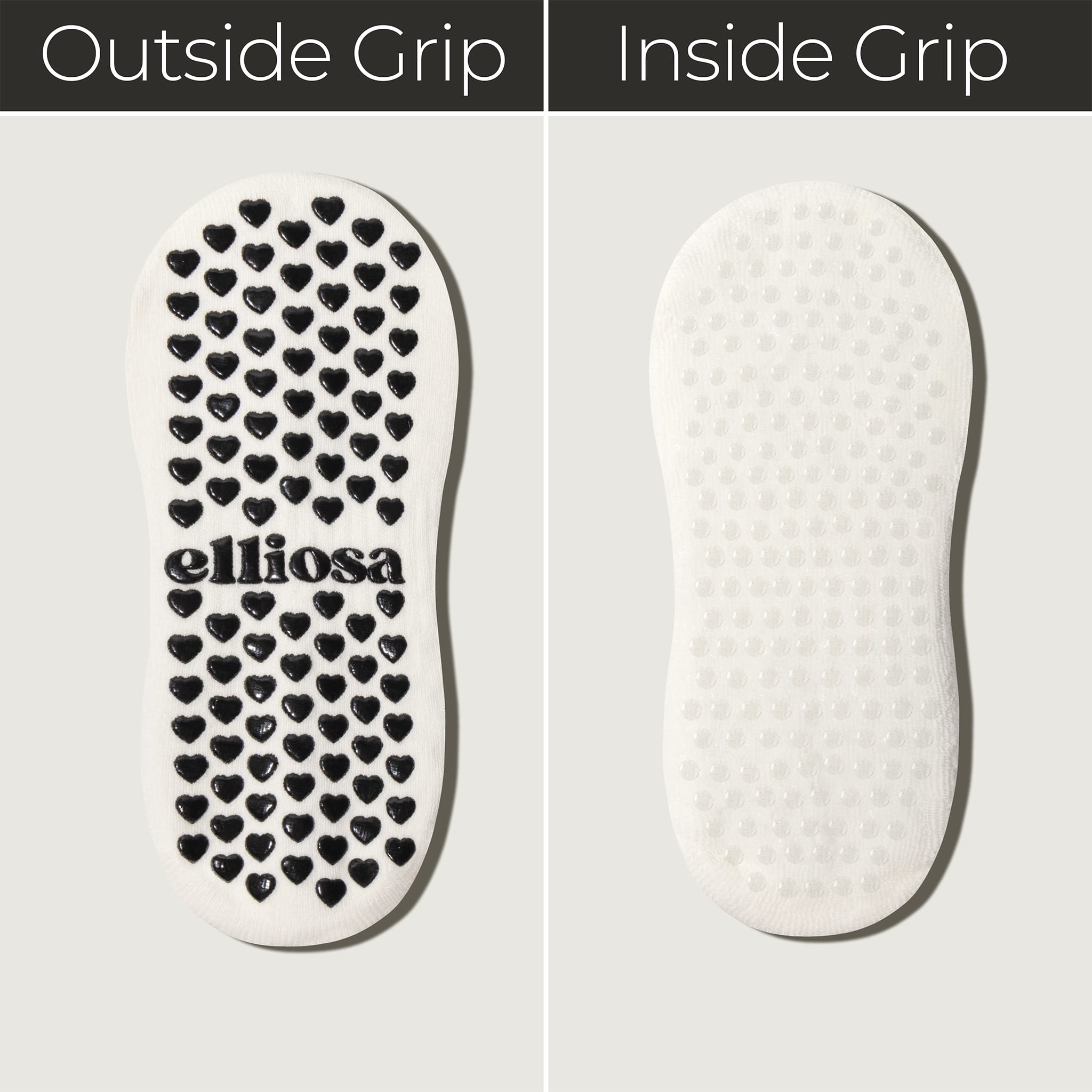 Inside and outside grip view of Elliosa dual direction grip socks