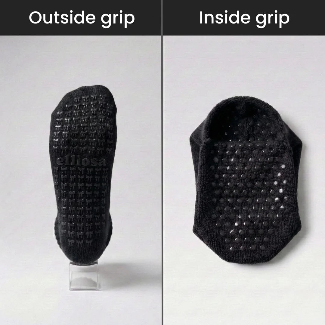 Bow shaped black grips on outside of the sole of the sock and circle grips on the inside sole of the sock to stop slipping.