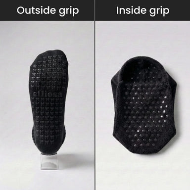Bow shaped black grips on outside of the sole of the sock and circle grips on the inside sole of the sock to stop slipping.