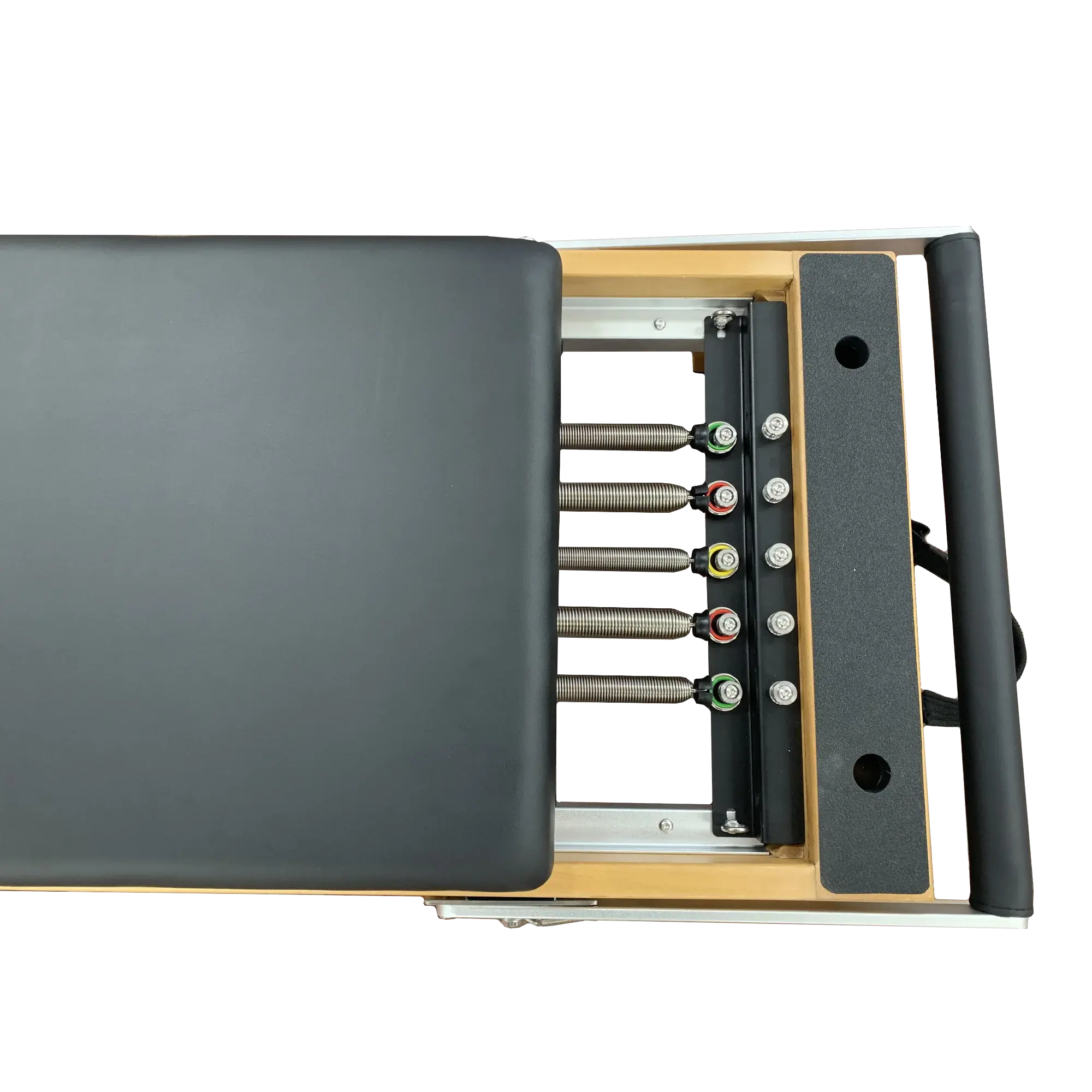 Close up of a pilates reformer machine with black upholstery, showing 5 colour coded springs.