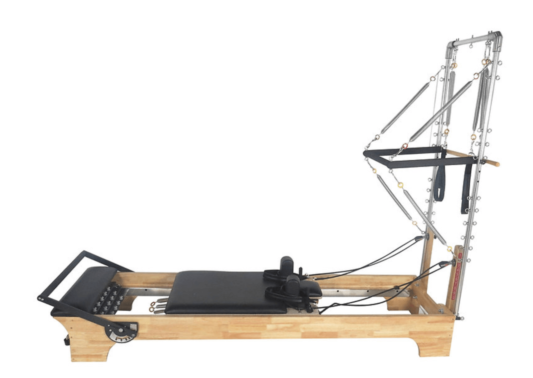 Core Collab Half Trapeze Reformer view from the side, showing timber frame, black upholstery and metal half trapeze frame.
