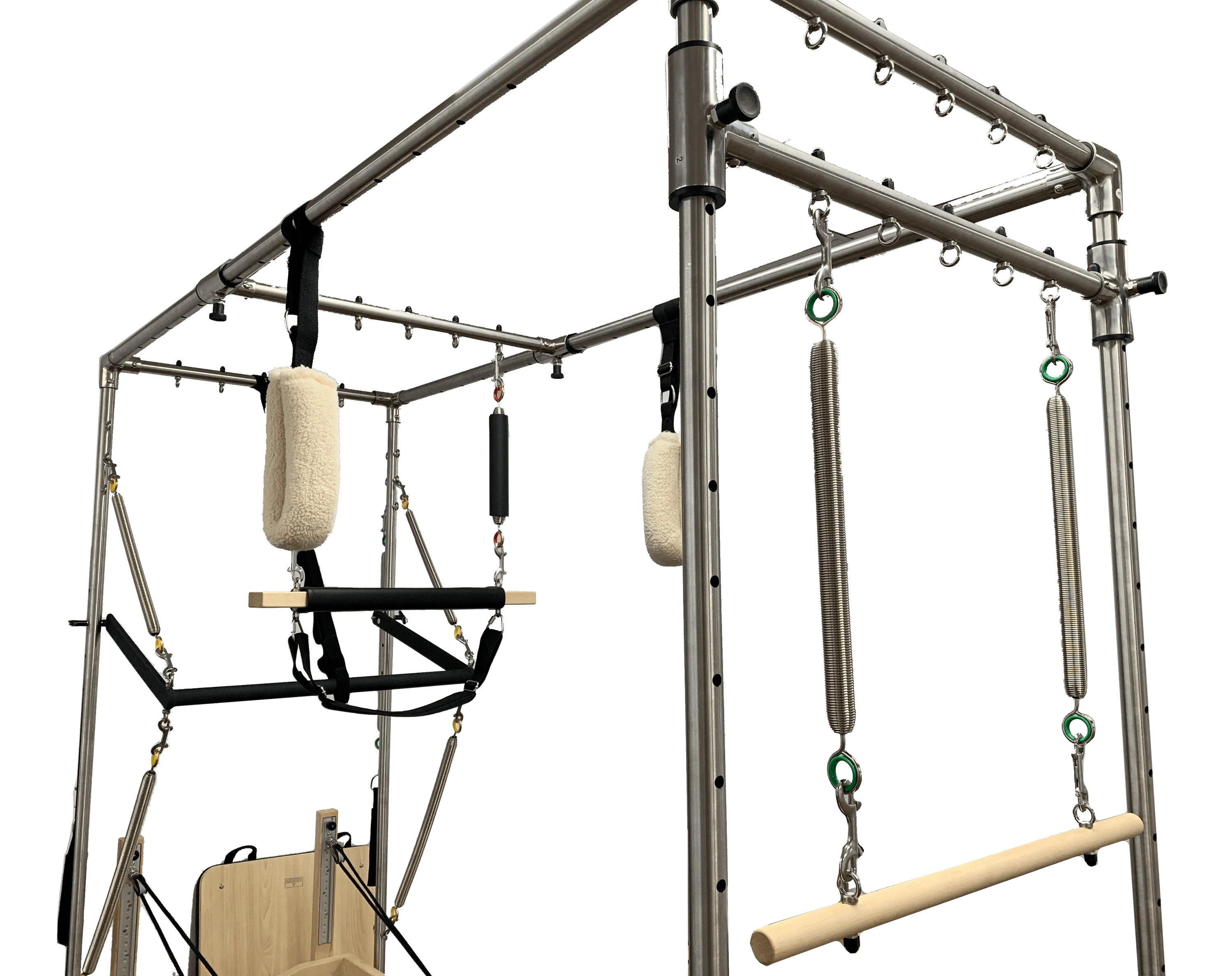 Close up of trapeze frame with attachments.