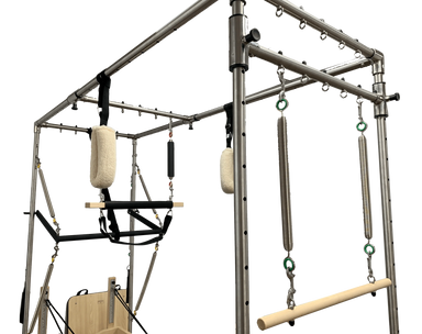 Close up of trapeze frame with attachments.