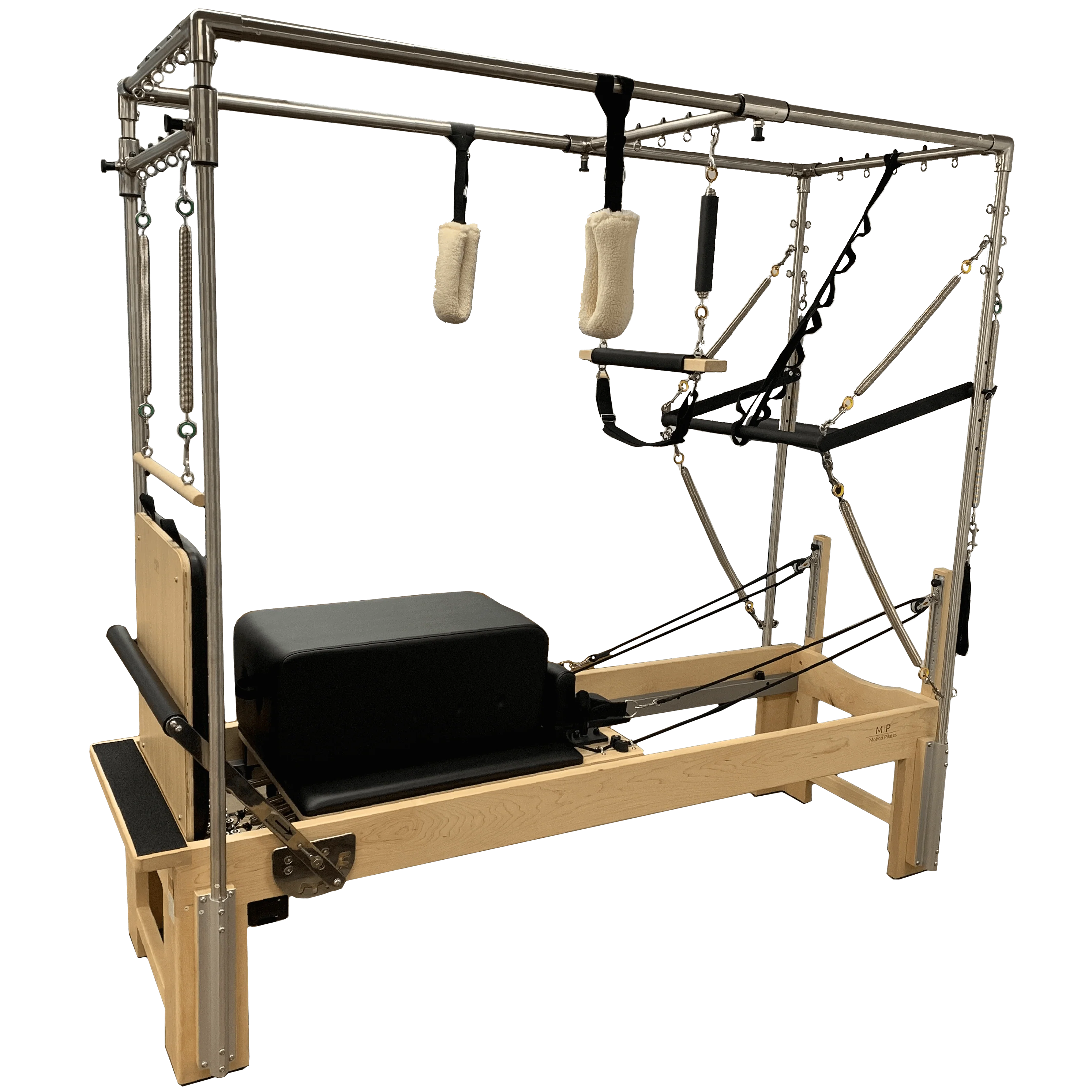 Full Trapeze table with reformer bed and sitting box, including attachments.