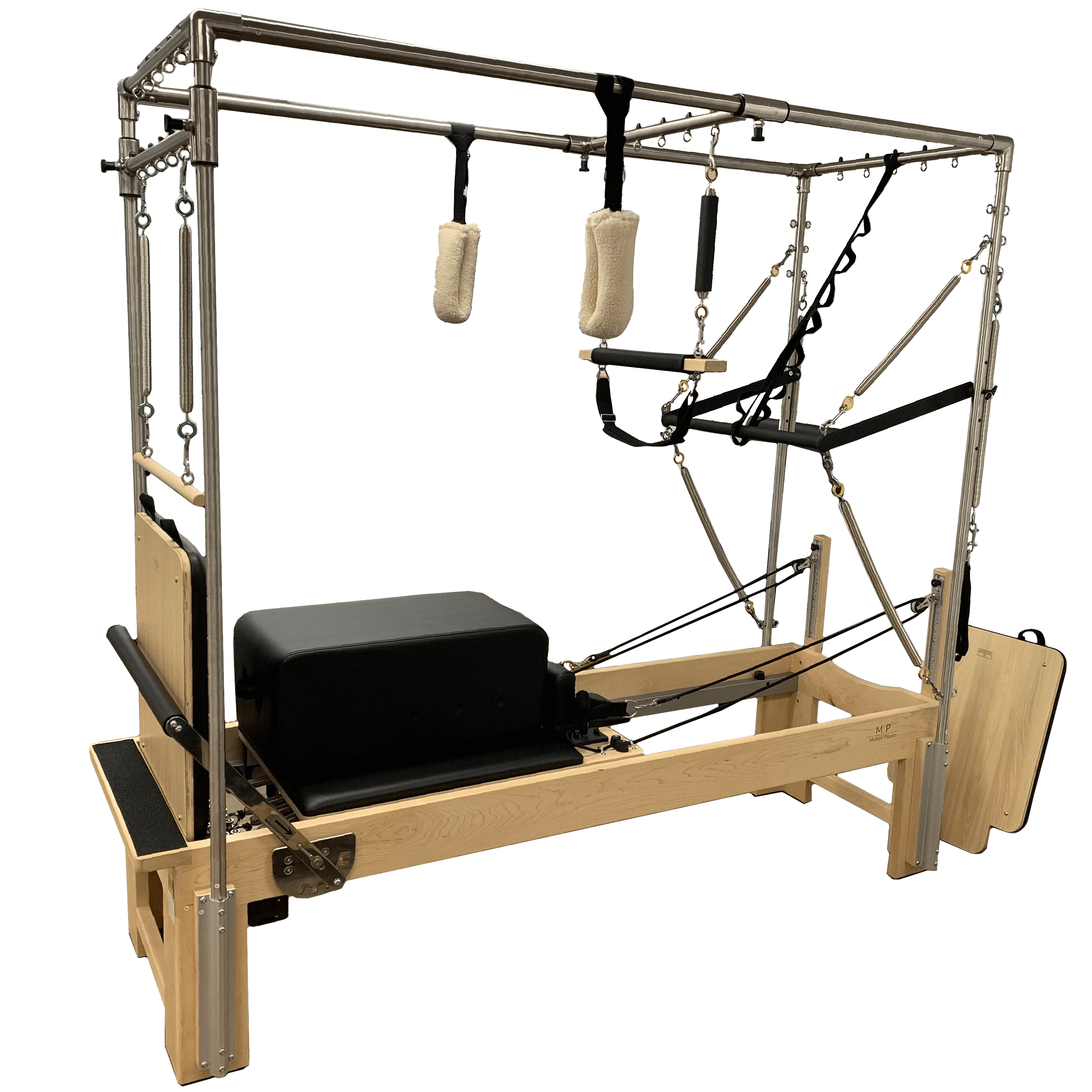 Full trapeze with reformer bed and all attachments, with black sitting box on the reformer bed.