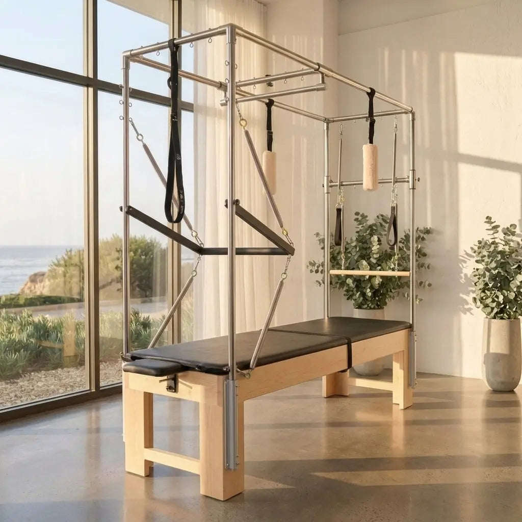 Cadillac table with black upholstery and full trapeze attachments in a room with grey floors and white walls. 