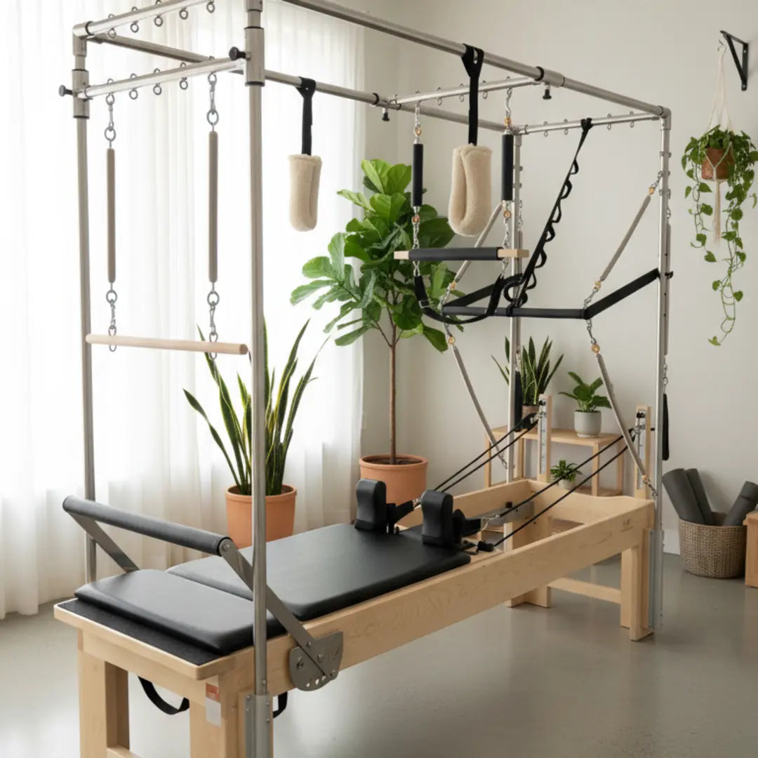 Full trapeze reformer in a studio setting with greenery in front of window with sheer white curtains.