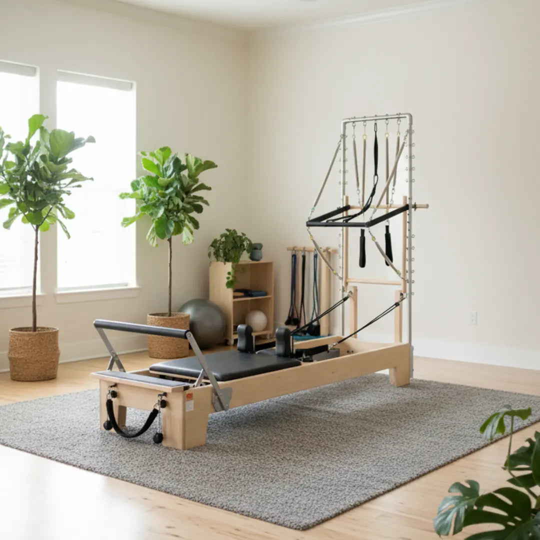 Pilates reformer with half trapeze attachment in a studio set up with a grey rug and greenery.