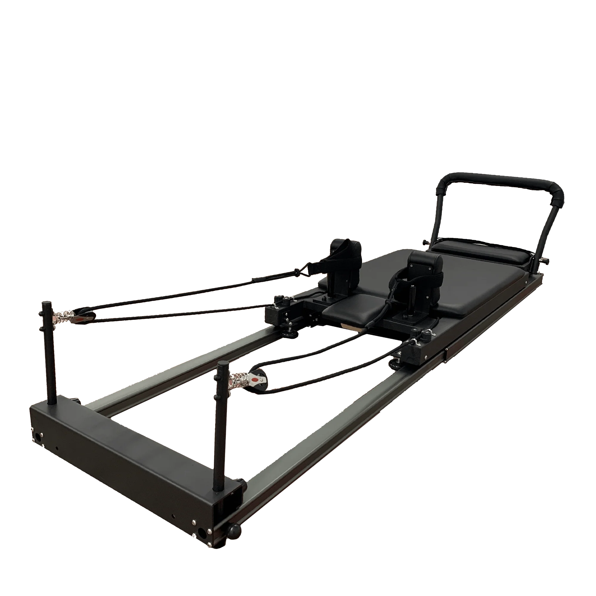 black pilates reformer showing ropes and footbar on a white background