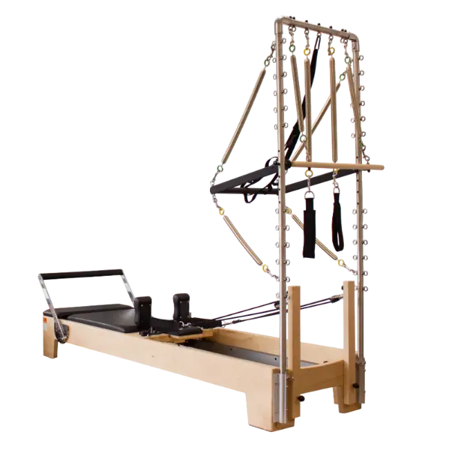 Pilates reformer with half trapeze attachment.