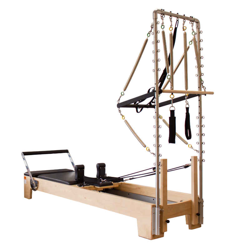 Pilates reformer with half trapeze attachment.