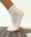 White quarter crew grip socks just above ankles with white ruffle at top, and white grips on sole.